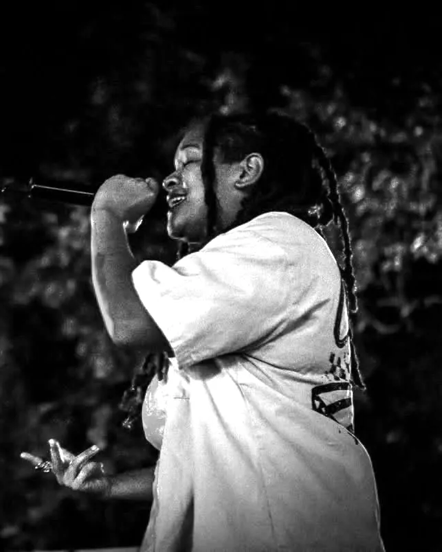 Whoisti? rapping into a microphone at a night show under coloured lights